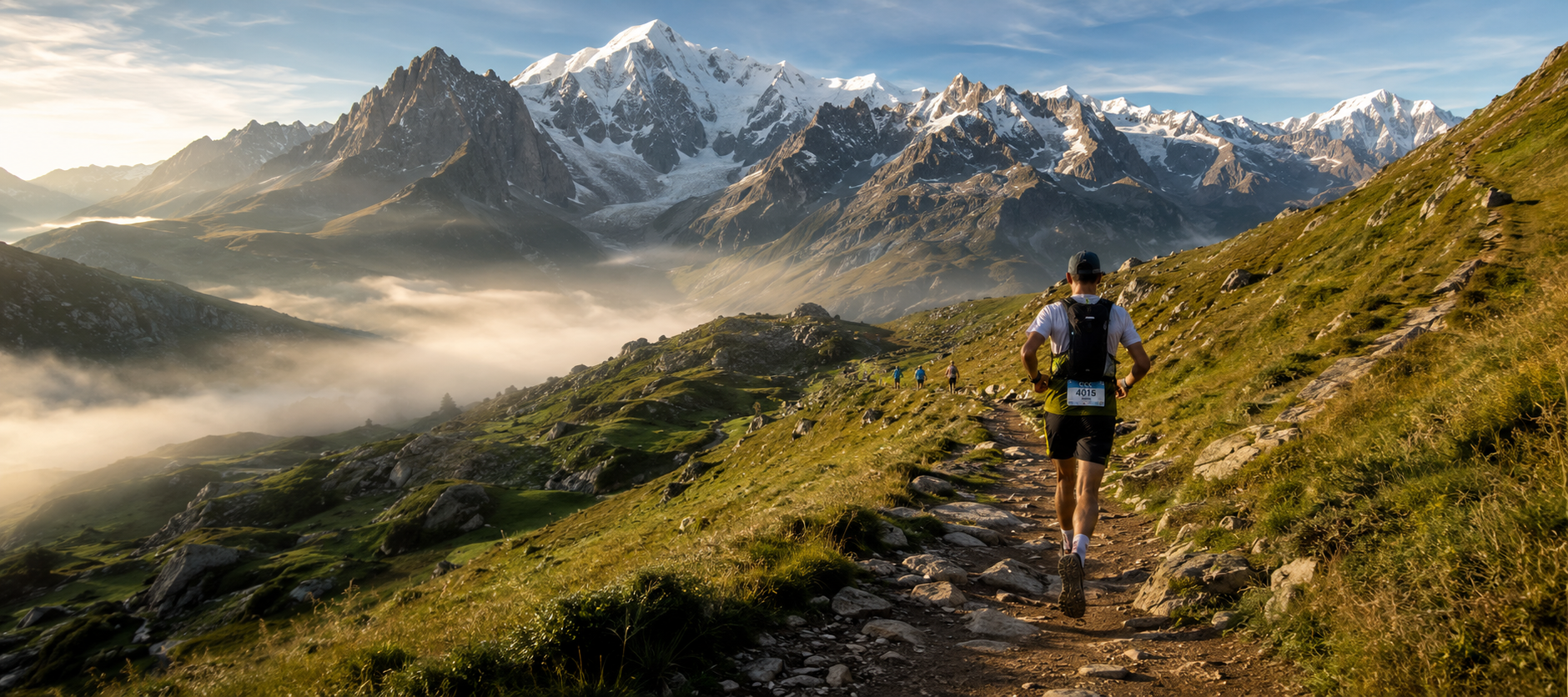 Corredor na trilha da CCC, com o maciço do Mont Blanc ao fundo