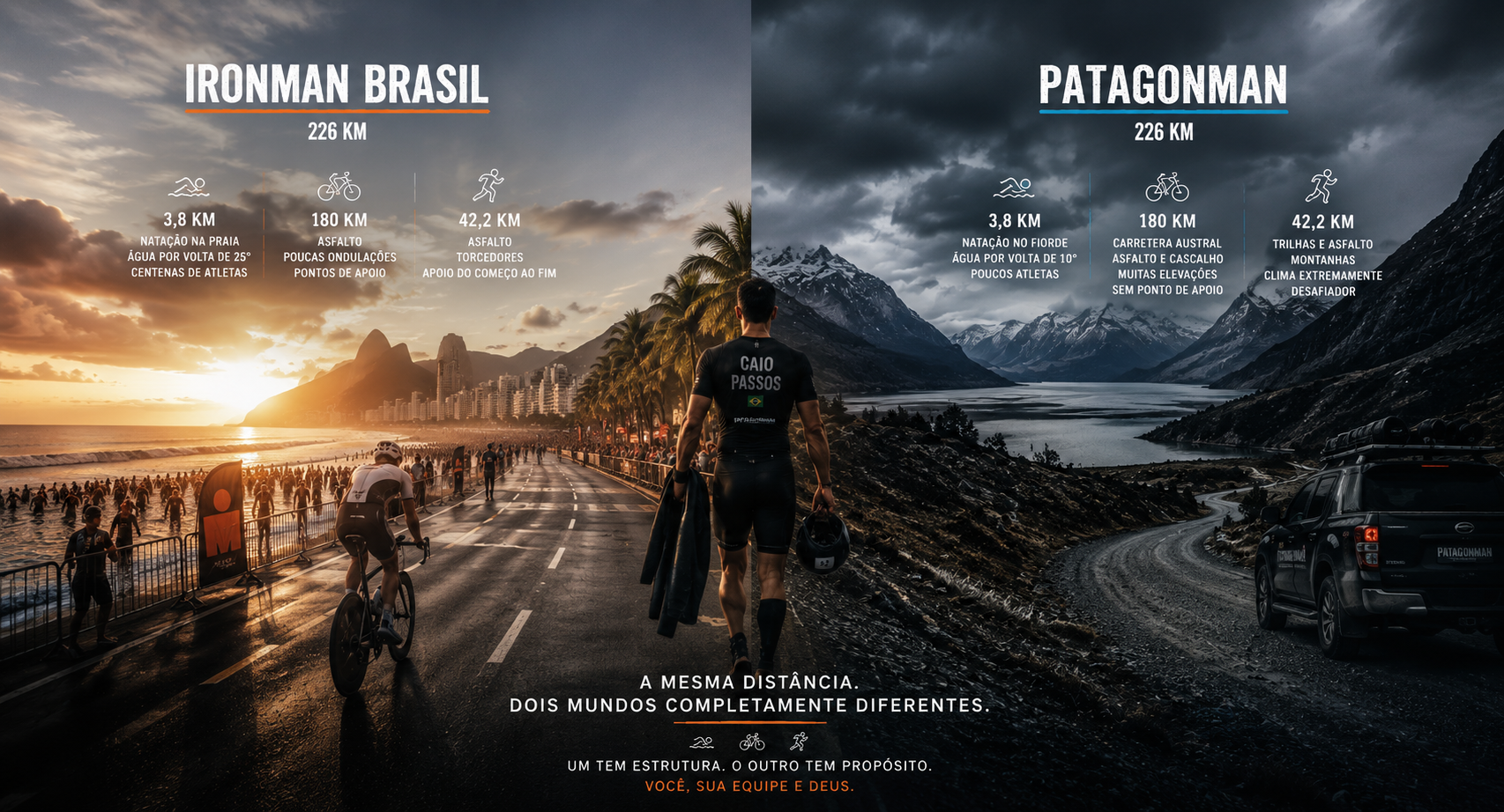 Comparação lado a lado entre o Ironman Brasil e o Patagonman: mesma distância, dois cenários completamente diferentes