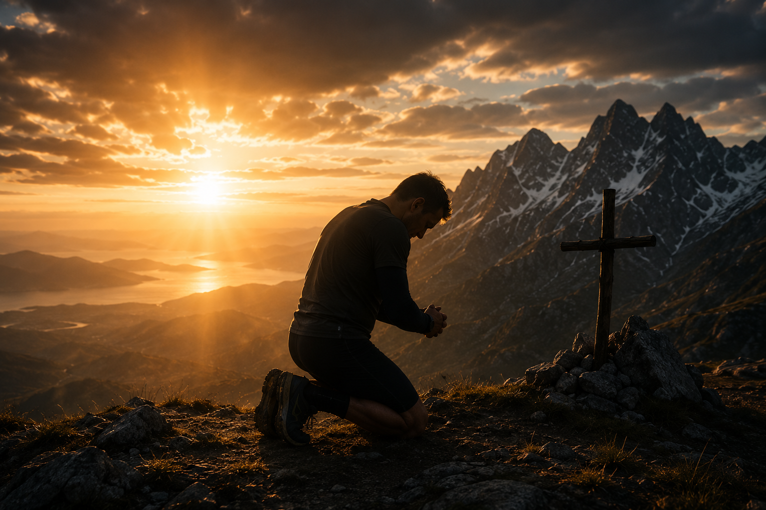 Caio Passos ajoelhado em oração no topo de uma montanha, ao lado de uma cruz, ao pôr do sol