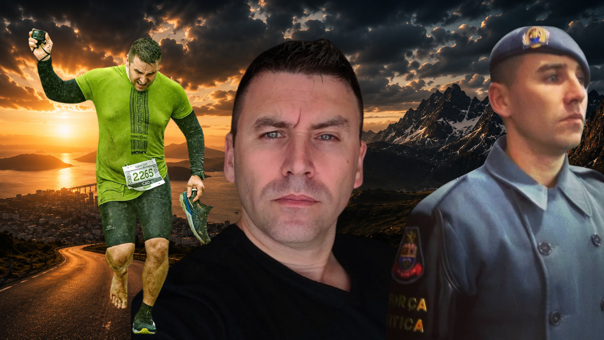 Caio Passos, o atleta cruzando a linha de chegada e o policial do Ações Especiais